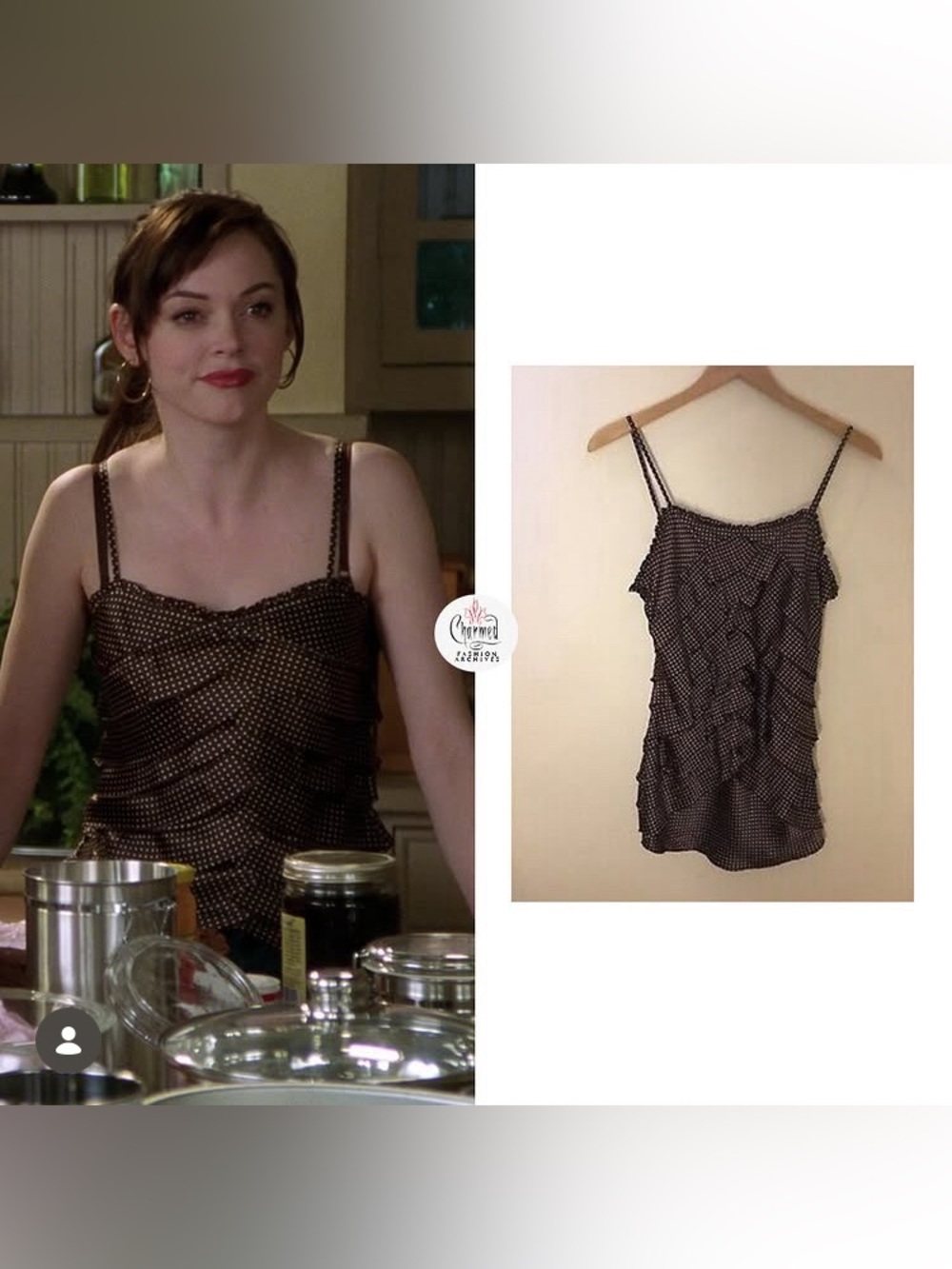 Lighter version of Joie silk ruffle polka dot tank ASO Paige Matthews on Charmed